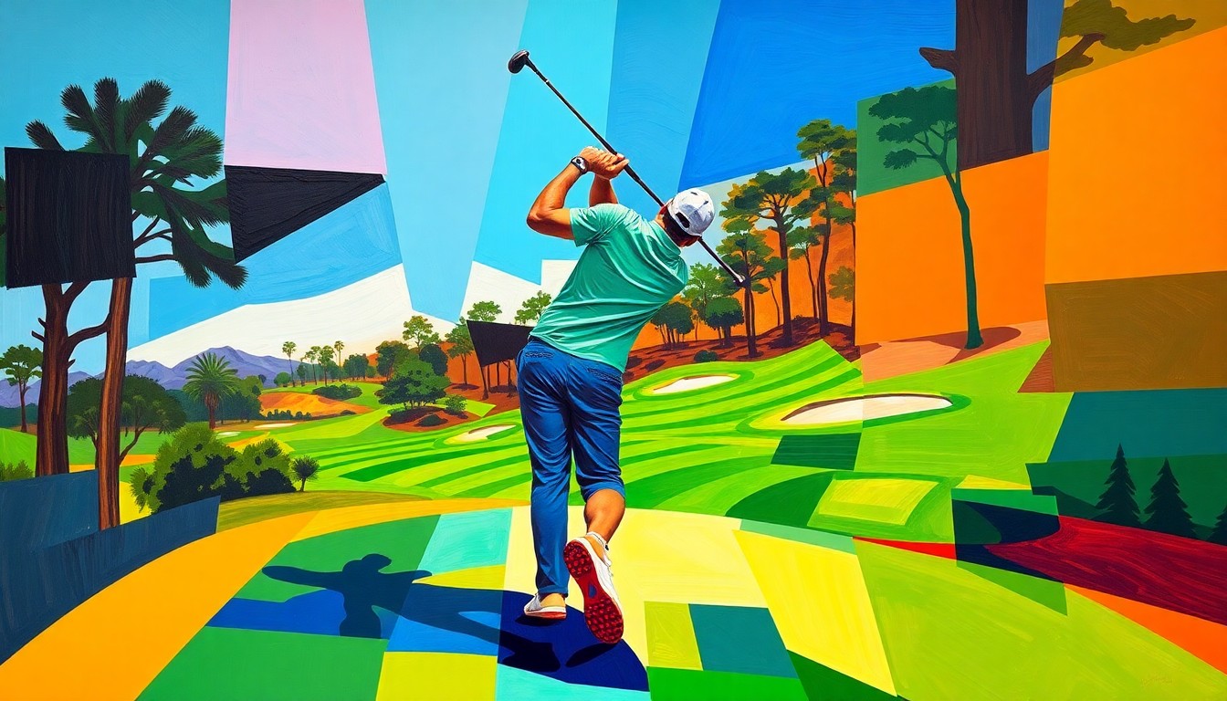 A fractured, multi-perspective painting in bold, vibrant colors depicting a golfer's swing and the Torrey Pines course, broken down into sharp, overlapping geometric planes.