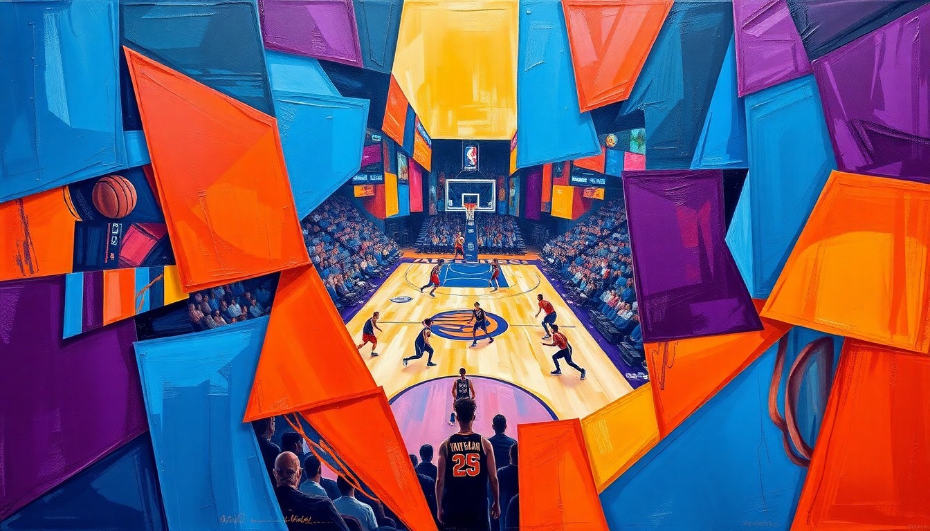 A cubist, geometric painting depicting a WNBA basketball game or match, with sharp, overlapping planes of vibrant colors like electric blue, fiery orange, and deep purple, conceptually representing the complex and uncertain future of the Chicago Sky franchise.
