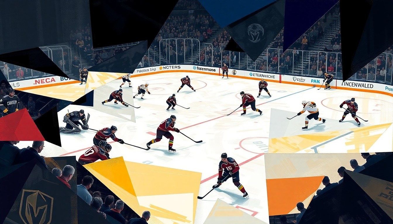 A cubist-style painting featuring overlapping geometric shapes and planes that deconstruct a hockey game between the Colorado Avalanche and Vegas Golden Knights, capturing the intensity and chaos of the sport.