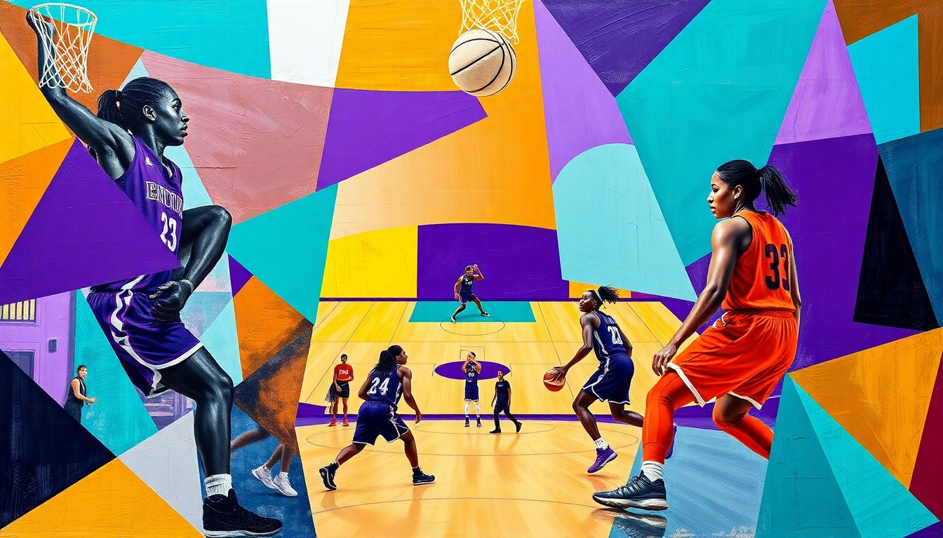 A fractured, geometric painting in bold colors representing the dynamic play of the Las Vegas Aces' star players.