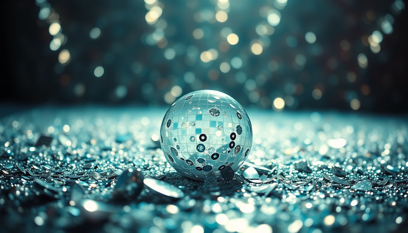 An extreme, abstract close-up photograph of shimmering sequins and shattered glass, using dramatic lighting to create a high-fashion, glamorous aesthetic that conceptually represents the collaborative spirit of the entertainment industry.