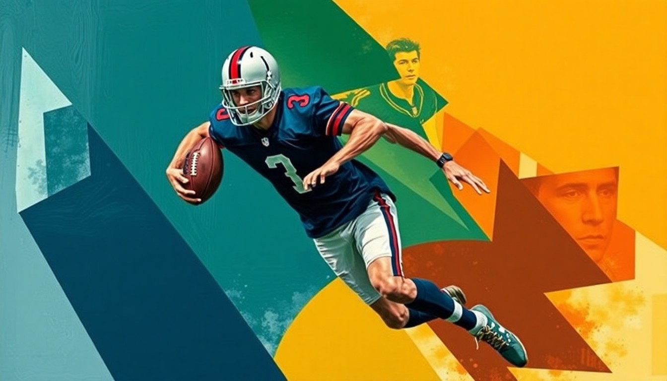 A cubist-style painting depicting a football player in mid-motion, broken down into overlapping geometric shapes in a palette of navy, green, and orange, representing the complex and impactful life of Chris Payton-Jones.
