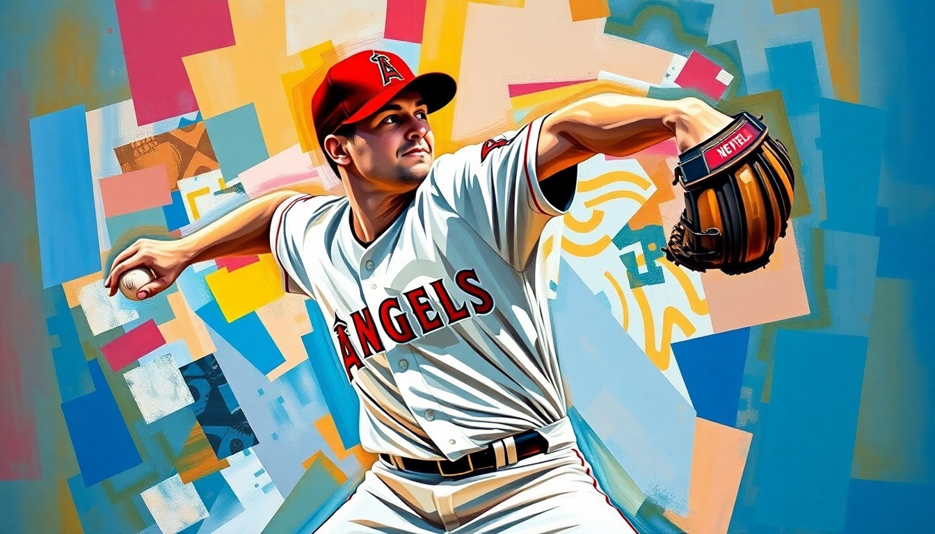A cubist, geometric painting depicting a baseball pitcher's throwing motion, with sharp, overlapping planes of color representing the Angels' team uniforms.