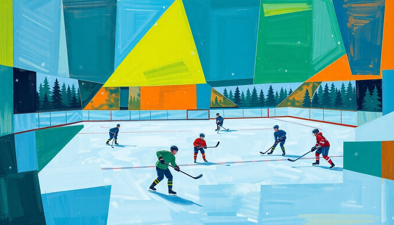 A fragmented, cubist-style painting depicting an abstract youth ice hockey practice session, with sharp geometric planes of blue, green, and orange representing the players, equipment, and ice surface.