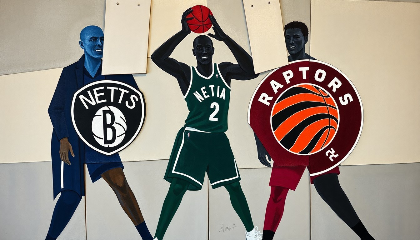 A cubist, fragmented painting depicting an NBA basketball game, with the players' figures broken down into sharp, overlapping geometric planes in muted tones of navy blue, forest green, and burgundy, capturing the unpredictability of the late-season matchup between the Brooklyn Nets and Toronto Raptors.