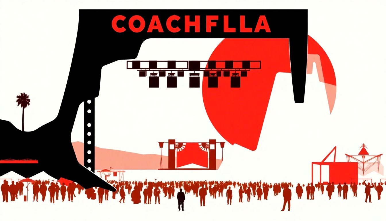 A striking, minimalist illustration featuring bold, jagged shapes in red and white, conceptually representing the Coachella music festival and its livestream.