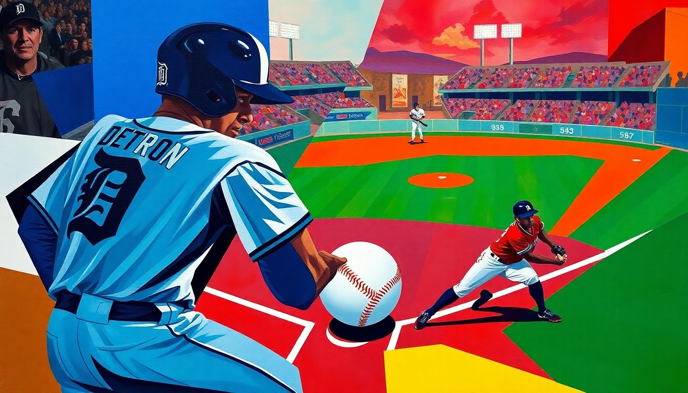 A fragmented, geometric painting depicting a baseball game in progress, with the players' forms broken down into sharp, overlapping planes of color and shape, conveying the dynamic tension and narrative of the comeback story.