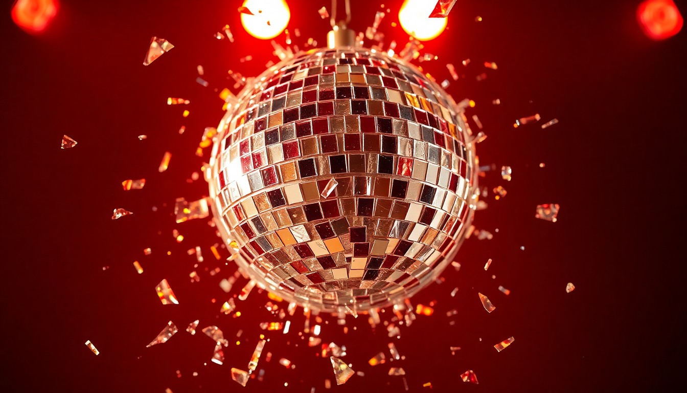 An extreme close-up photograph of shattered glass from a disco ball, reflecting dramatic highlights and shadows to create a conceptual illustration of the glitz and tension within the music industry.