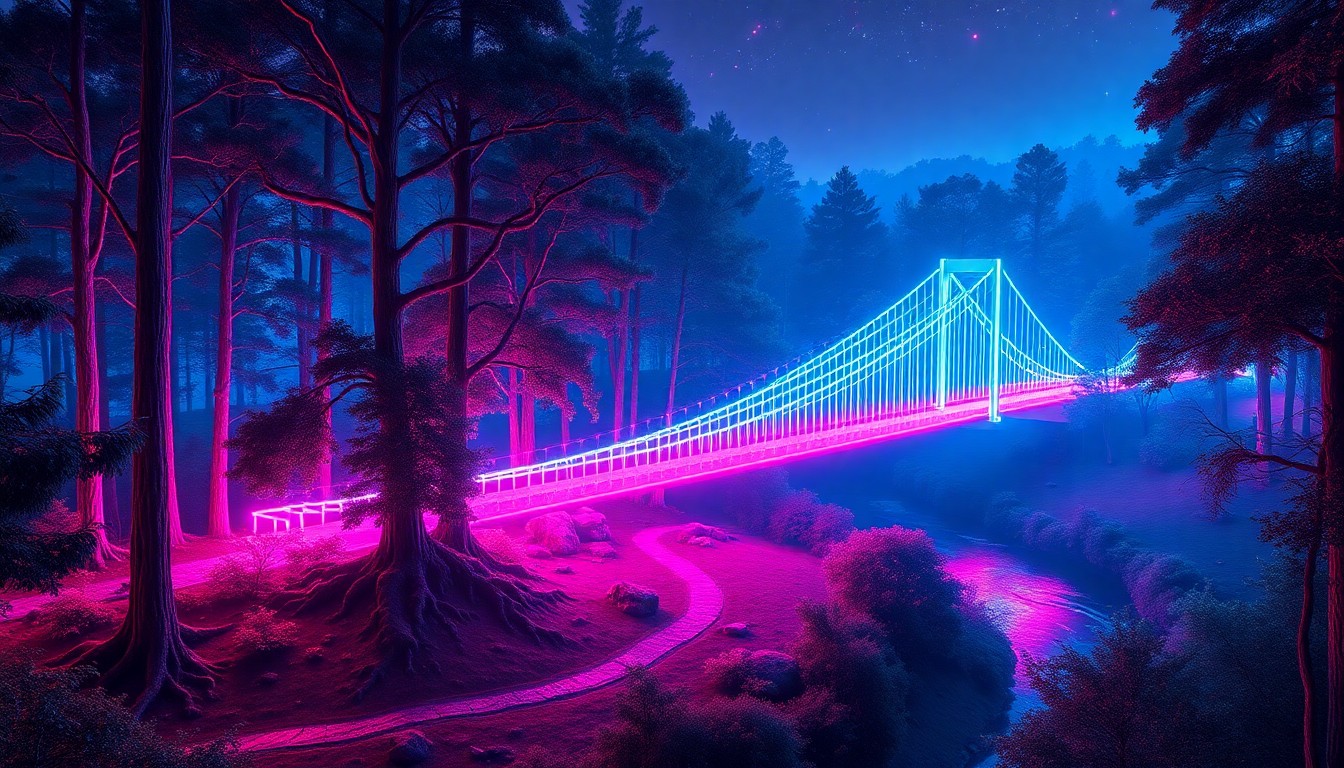 A vibrant, glowing 3D illustration of a lush forest landscape in Huntsville, Alabama, with a winding river, towering trees, and a suspension bridge illuminated by neon lights, capturing the city's natural beauty and technological innovation.
