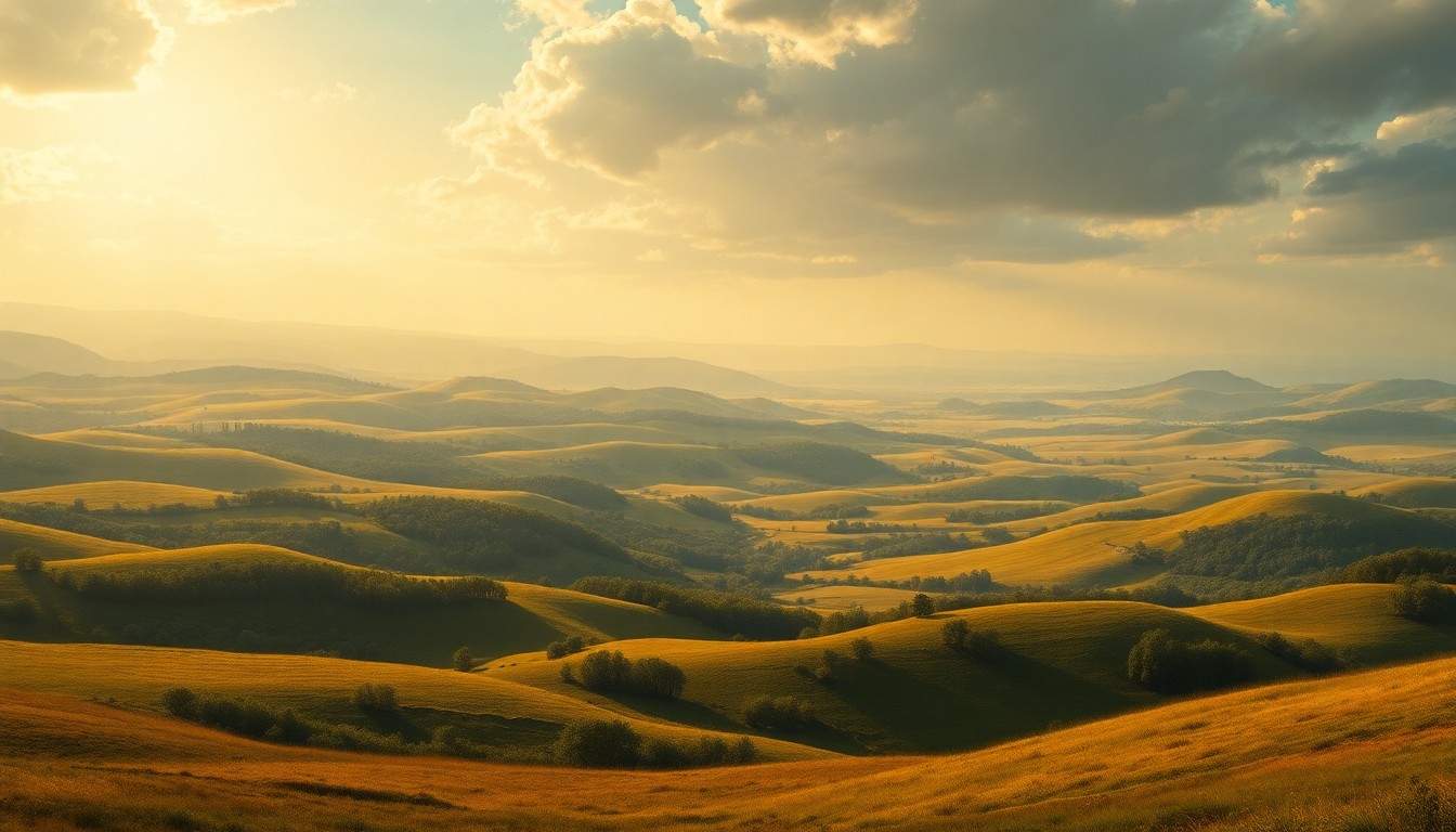 A vast, majestic landscape painting in the style of Caspar David Friedrich, depicting a serene, sun-drenched countryside with rolling hills and a deep, atmospheric perspective, conveying the overwhelming, sublime scale of the natural world.