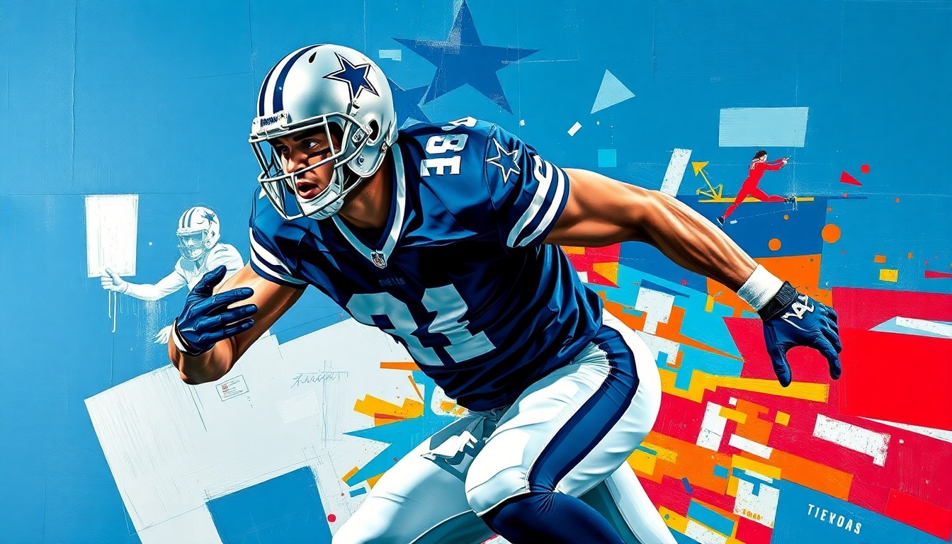 A fractured, geometric painting depicting a Dallas Cowboys middle linebacker in action, with sharp planes of navy blue, silver, and white representing the player's movement and energy on the field.