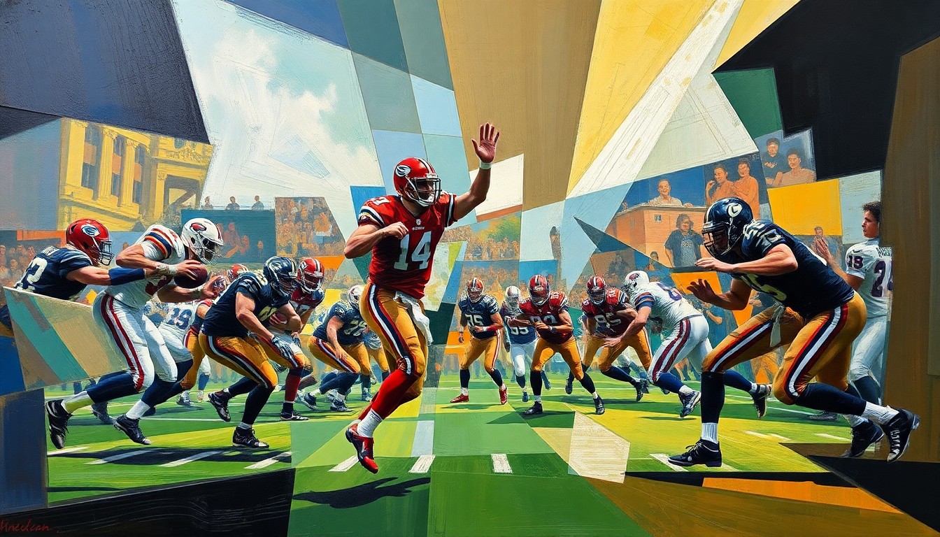 A cubist-style painting depicting a fragmented, geometric representation of a football player in motion, symbolizing the uncertainty surrounding the Falcons' quarterback situation.