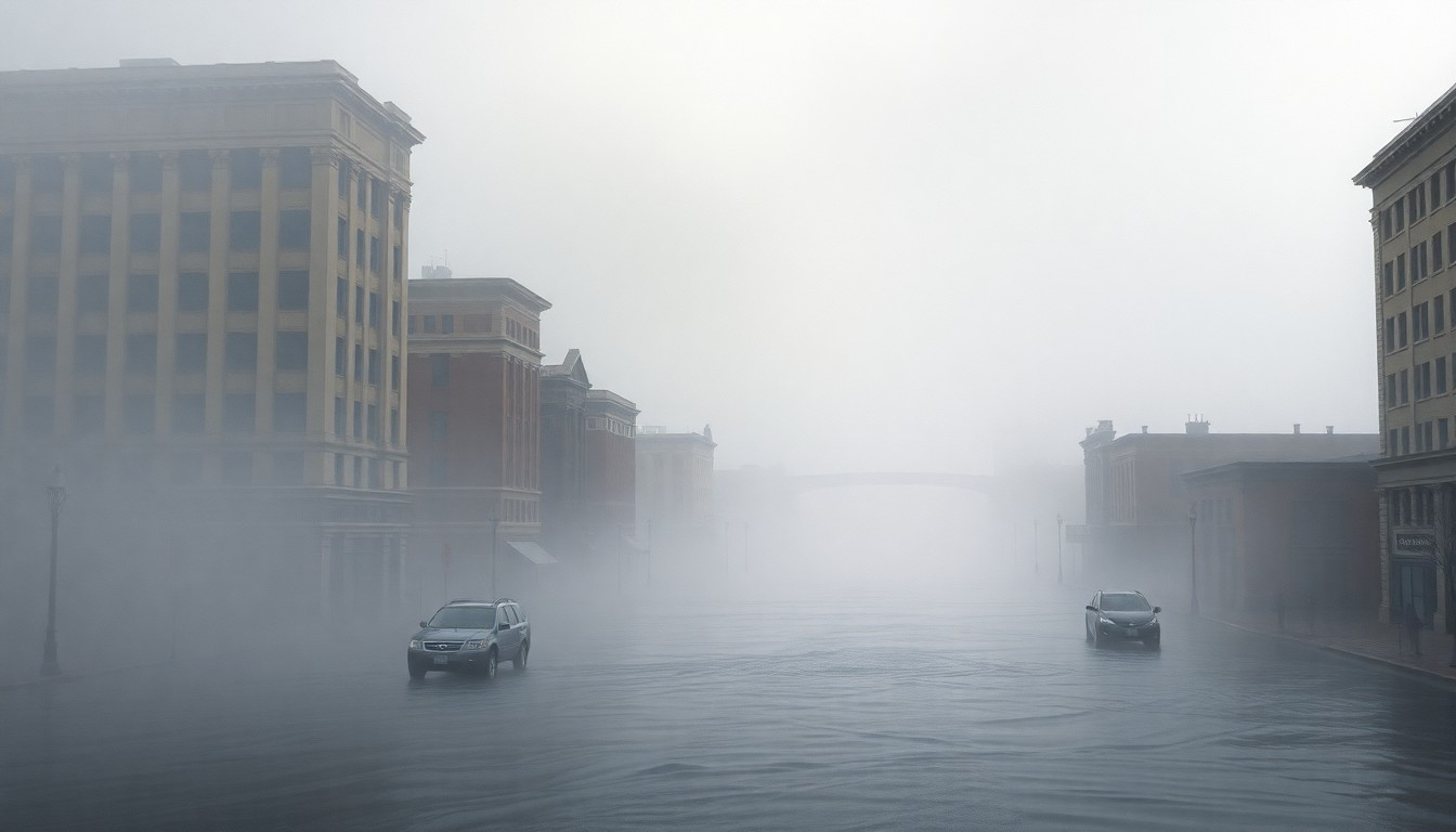 A sweeping, atmospheric landscape painting in muted tones of gray, blue, and white, depicting a flooded city street shrouded in heavy fog, with only the faint outlines of damaged buildings and vehicles visible through the haze, conveying the overwhelming scale and impact of the natural disaster.
