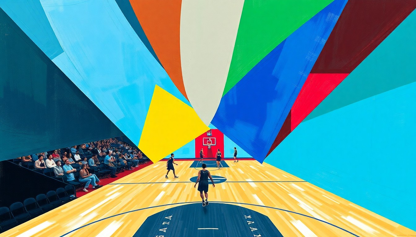 A cubist, geometric painting depicting a WNBA basketball game, with the players and court broken down into overlapping planes of color representing the Chicago Sky and Atlanta Dream team colors.