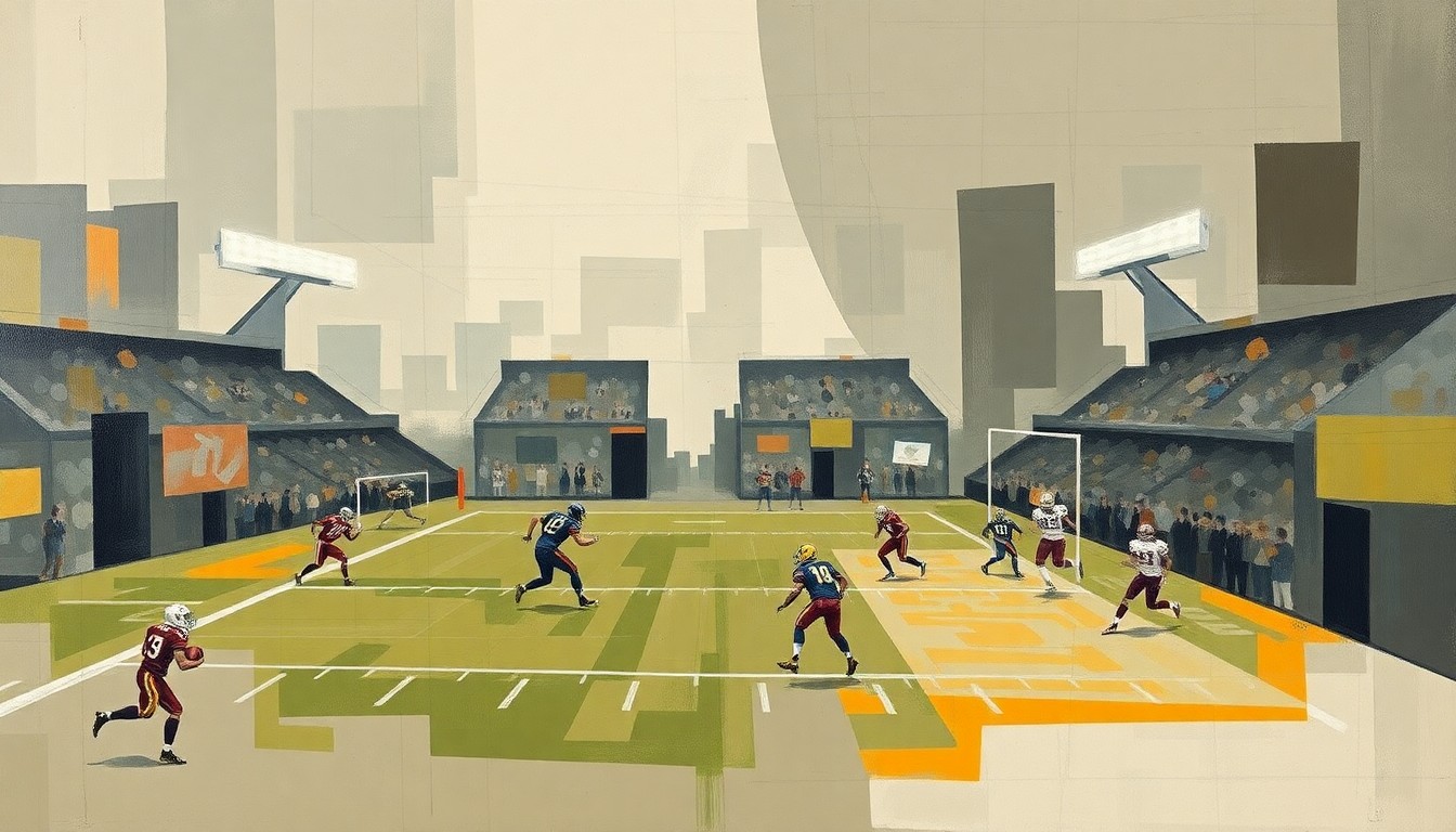 A cubist, geometric painting depicting a fragmented football field, with overlapping planes of muted earth tones and flashes of team colors, representing the intricate dynamics and potential pitfalls of an NFL trade negotiation.