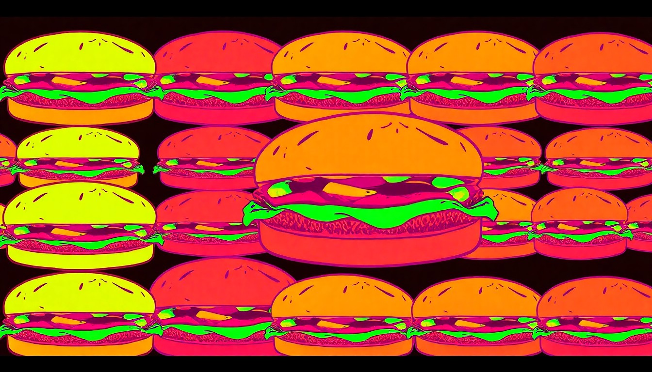 A vibrant, high-contrast silkscreen print of a Chick-fil-A chicken sandwich repeated in a grid, conceptually representing the intersection of gun violence and everyday life.