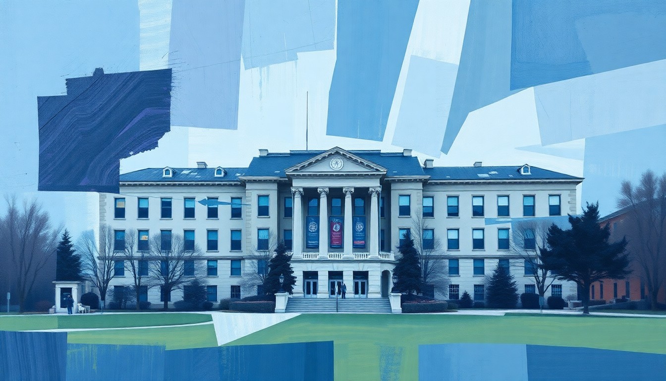 A dynamic, abstract painting featuring overlapping, fragmented shapes and lines in shades of blue, grey, and purple, conceptually representing the tensions and unrest surrounding the intersection of academia and political activism.