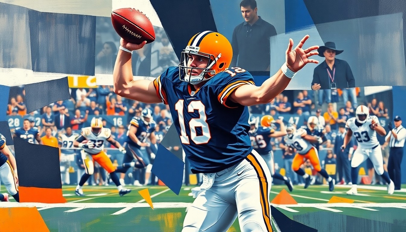 A fragmented, geometric painting depicting a football quarterback in motion, their form broken down into sharp, overlapping planes of navy blue, orange, and white, conveying the high-pressure drama of a late-game, clutch play.