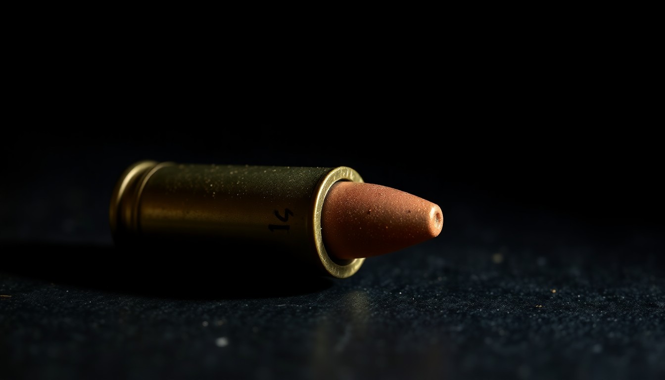 An extreme close-up photograph of a single spent shell casing on a dark, textured surface, lit by a harsh camera flash, conceptually representing the aftermath of a deadly shooting incident.