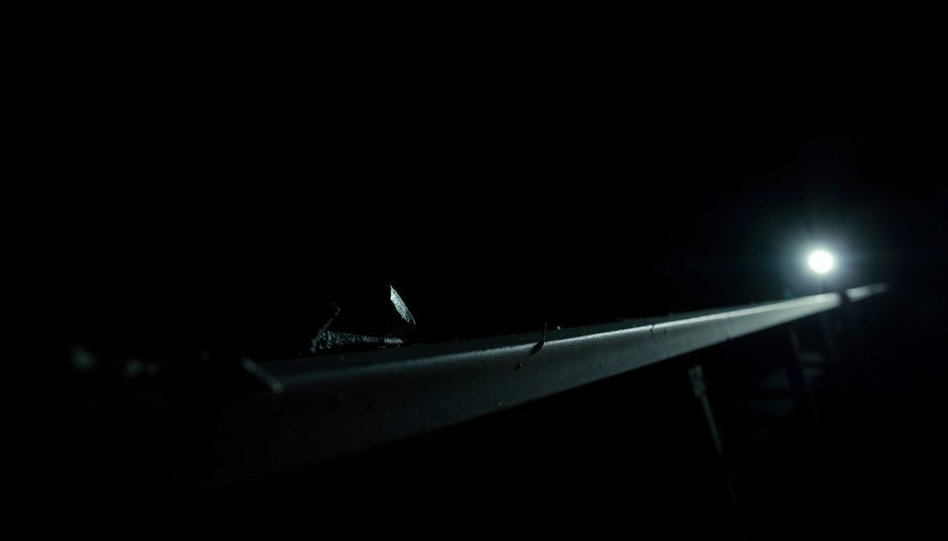An extreme close-up photograph of a broken, twisted piece of metal railing against a pitch-black background, conceptually representing the aftermath of an accidental fall from a bridge.