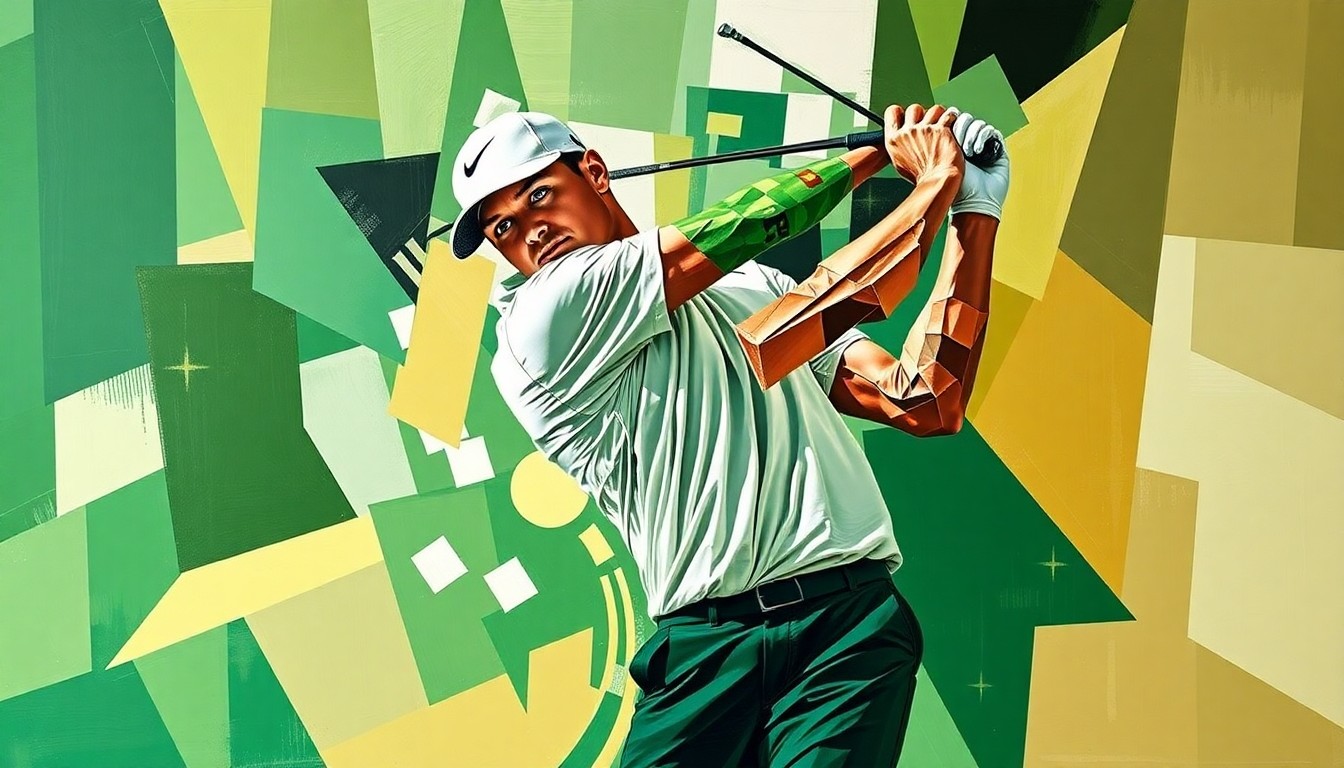 A fractured, cubist-style painting depicting Jordan Spieth's golf swing and movements on the final day of The Masters, broken down into sharp, overlapping geometric planes in shades of green, white, and brown.