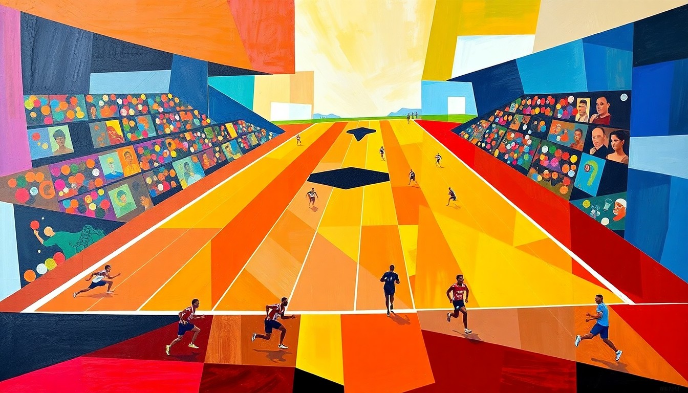 A cubist, geometric painting depicting a fragmented track and field scene, with overlapping planes of bright red, blue, and yellow shapes representing the dynamic motion and energy of the competition.