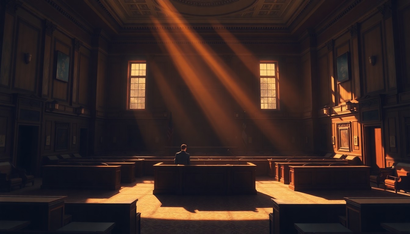 A dimly lit, cinematic government office or legislative chamber, with warm sunlight streaming in through the windows and deep shadows enveloping the space, creating a sense of tension and uncertainty around the allegations against the politician.