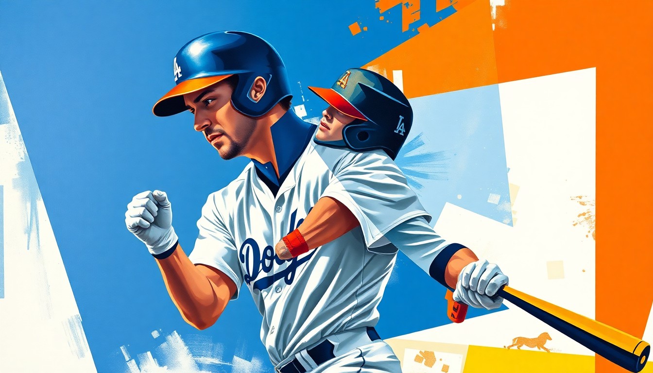 A fragmented, geometric painting depicting a baseball player's batting motion, with sharp planes of Dodger blue, orange, and white overlapping to create a dynamic, abstract composition.