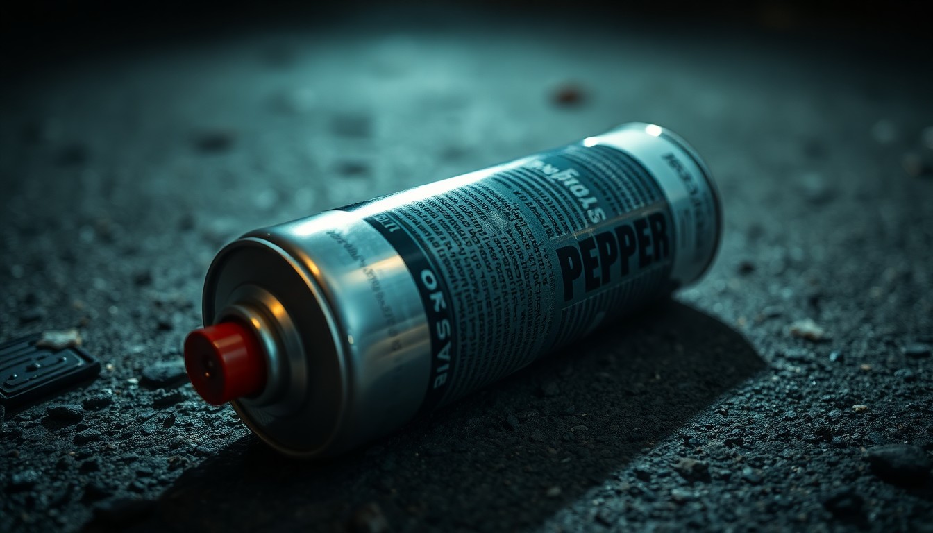 An extreme close-up photograph of a discarded can of pepper spray, its textured metal surface dramatically lit by a harsh camera flash, conceptually representing the aftermath of a confrontation.