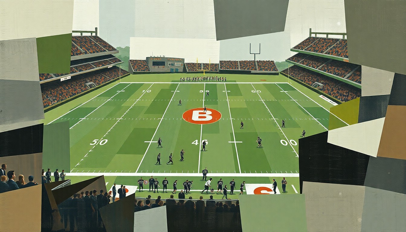 A fragmented, geometric painting depicting a football field and players in muted earth tones, reflecting the multifaceted nature of the relationship between the Patriots' coach and the reporter.