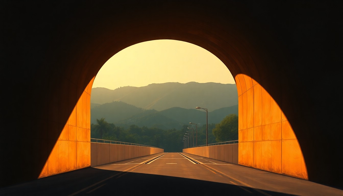 A serene, painterly depiction of a lone Metro rail tunnel entrance nestled in the hills of Bel Air, capturing the tension between progress and preservation.