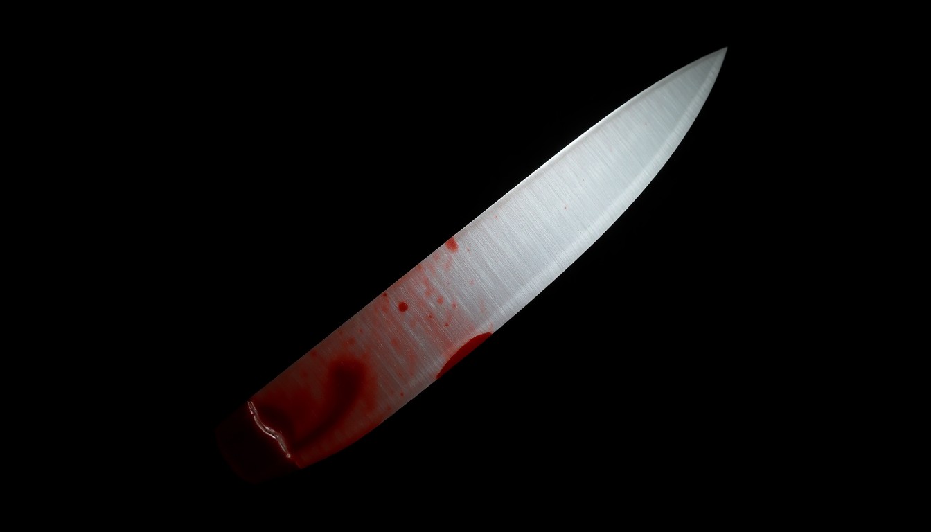 An extreme close-up of a bloody knife against a stark black background, conceptually representing the violent confrontation that led to a tragic loss of life.