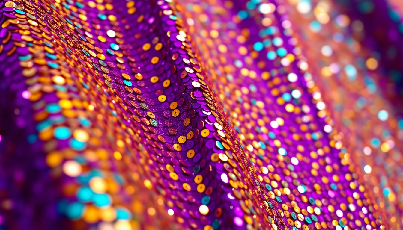 An extreme, abstract close-up photograph of high-contrast, glittering sequins in a vibrant color palette, capturing the celebratory energy of the band's music.
