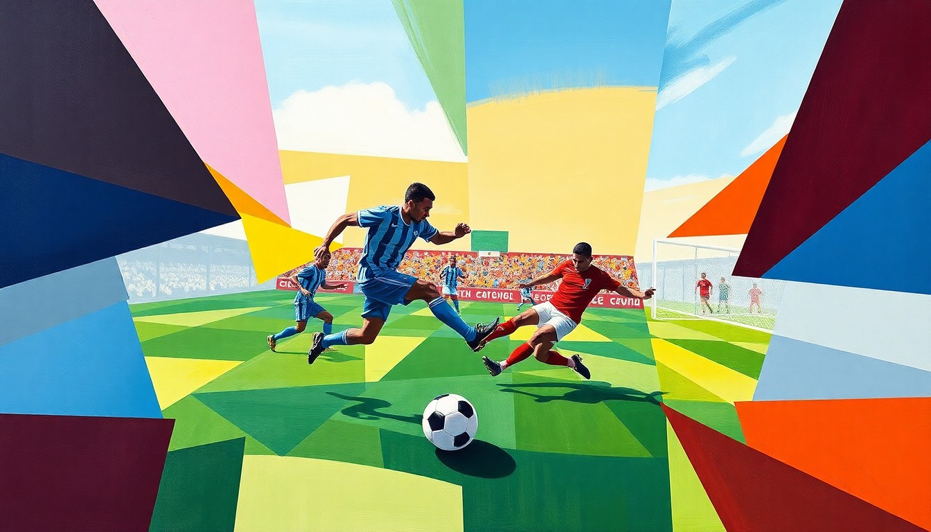 A fractured, geometric painting depicting the dynamic movements and competing forces of a soccer match, with angular shapes and planes of color representing the players and ball.