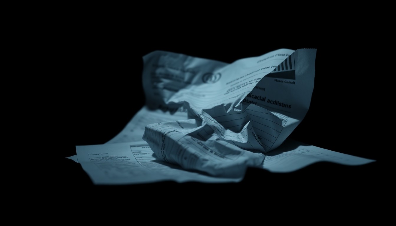 An extreme close-up of a crumpled medical document or billing form, its edges and textures dramatically illuminated by a harsh flash of light against a dark background, conceptually representing the investigative nature of this fraud case.