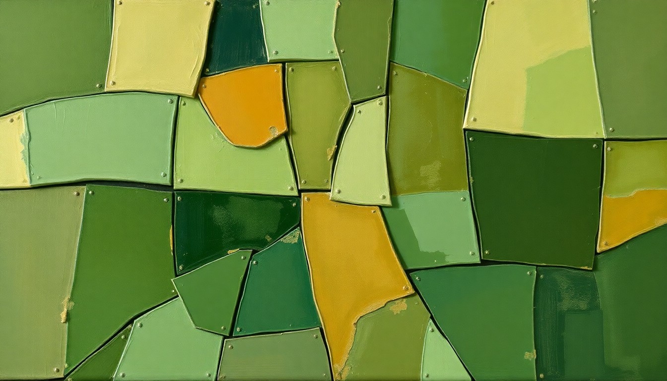 A fragmented, abstract painting in earthy tones depicting overlapping, geometric shapes and forms, representing the proposed reorganization and budget cuts to the USDA.