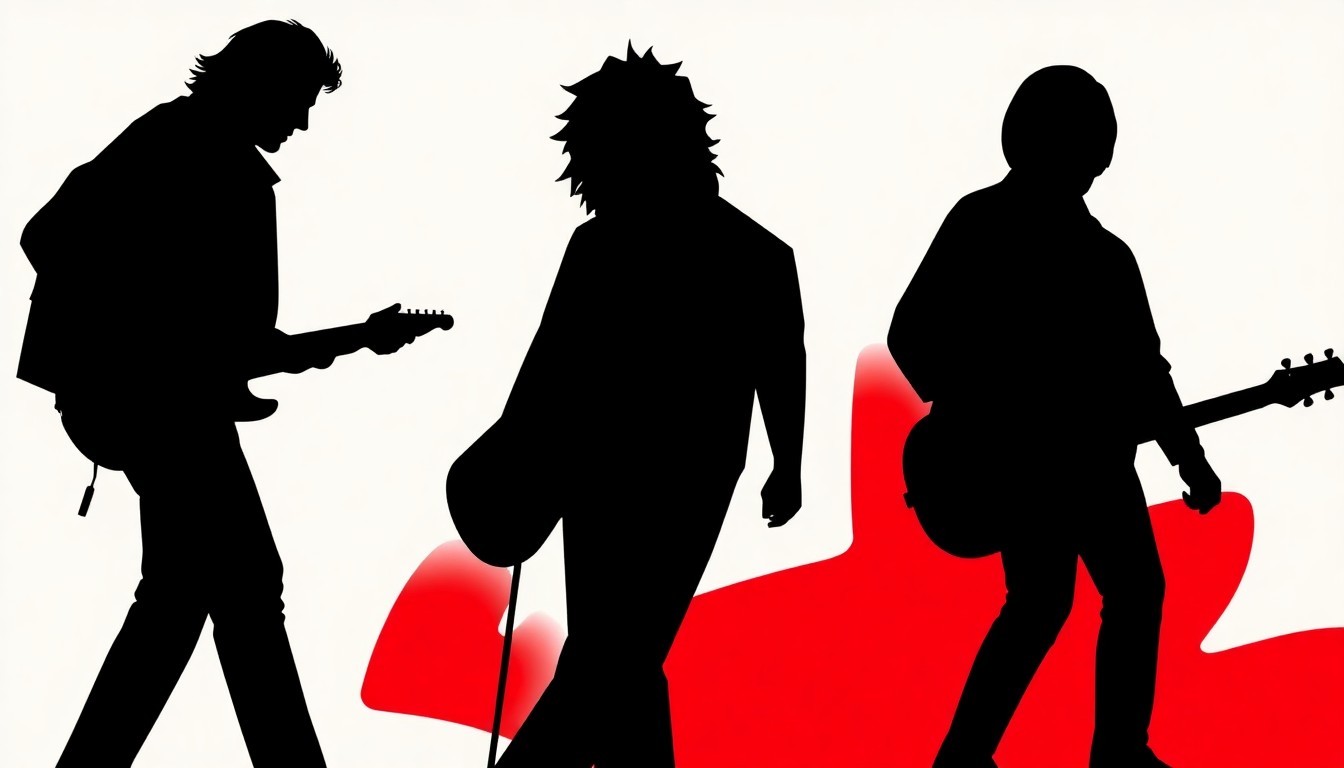 A bold, abstract composition of jagged geometric shapes and heavy black silhouettes in high-contrast red and white, conceptually representing the Eagles' musical evolution from sunny California rock to a more politically-conscious sound.