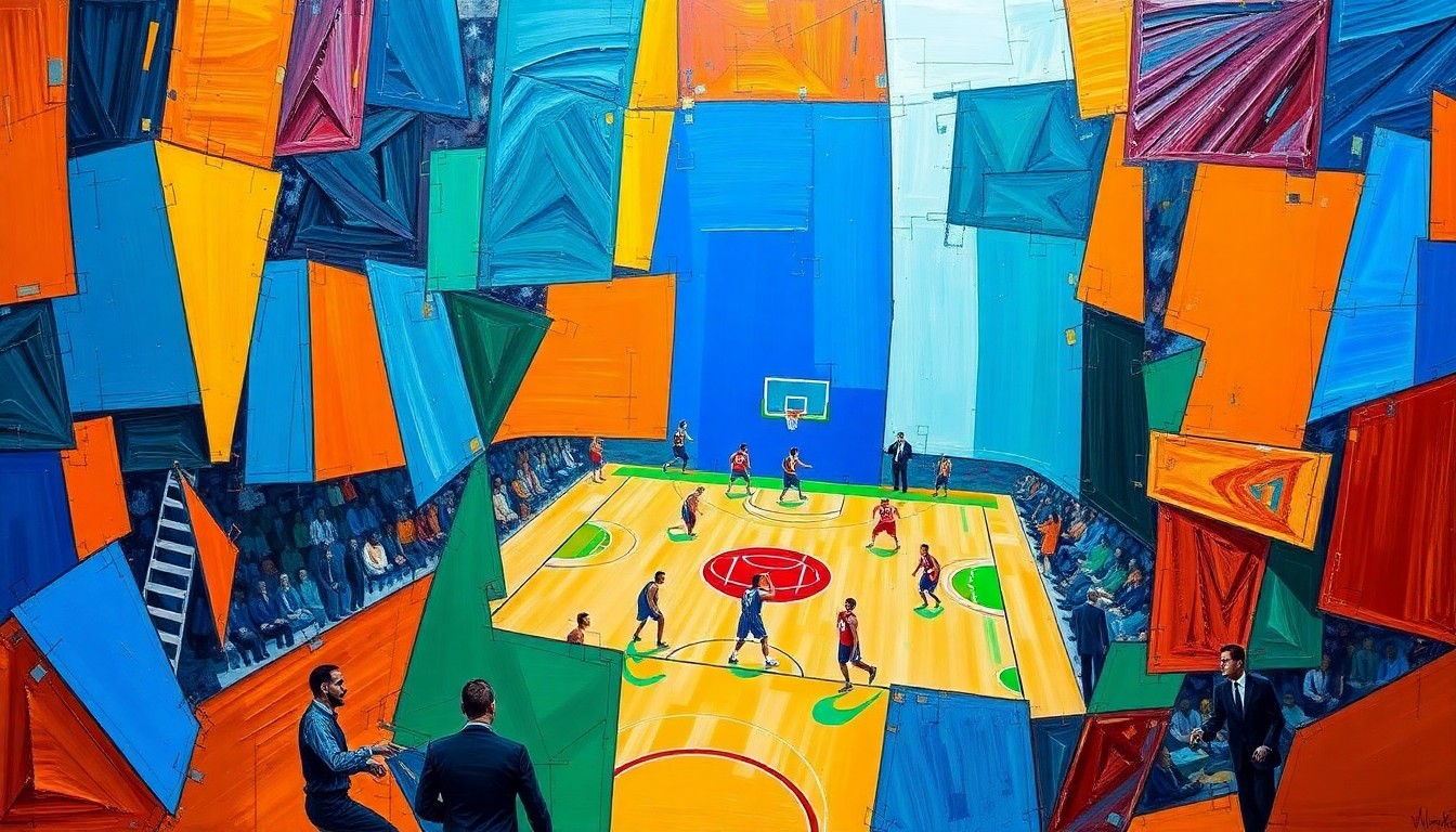 A cubist, geometric painting depicting a fragmented basketball game, with sharp, overlapping planes of color representing the intense competition for draft position.