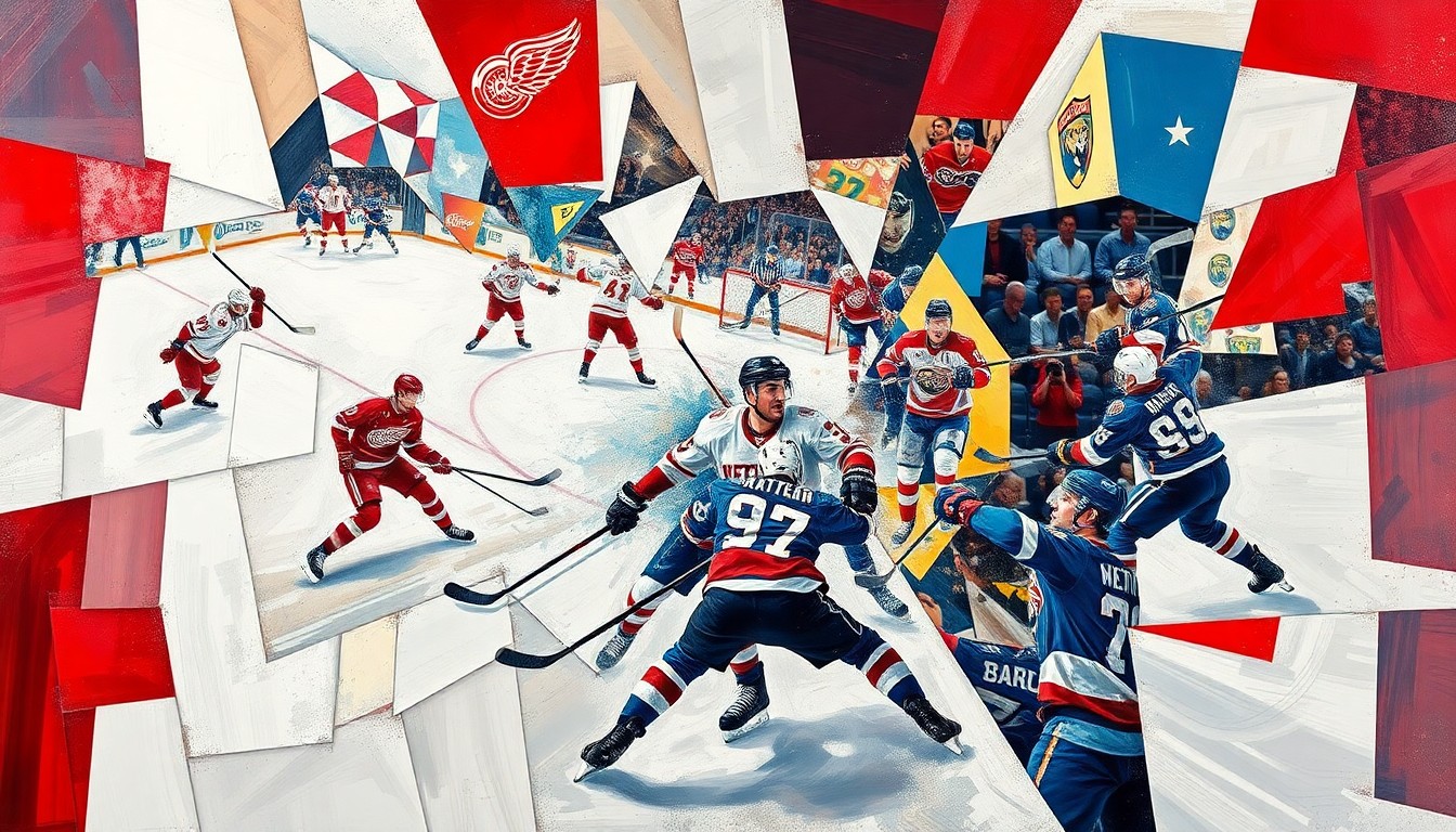A cubist-style painting depicting a hockey game in abstract geometric shapes and planes, with players and action deconstructed into overlapping forms, conveying the chaos and intensity of the final moments.