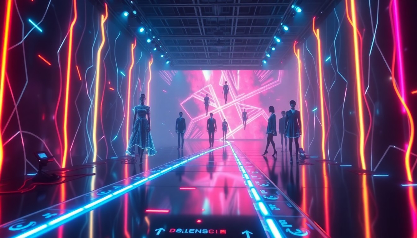 A highly detailed, glowing 3D illustration of a futuristic fashion runway stage with holographic models, luminous fiber-optic cables, and pulsing neon lights, conceptually representing the convergence of high-tech innovation and creative fashion design.