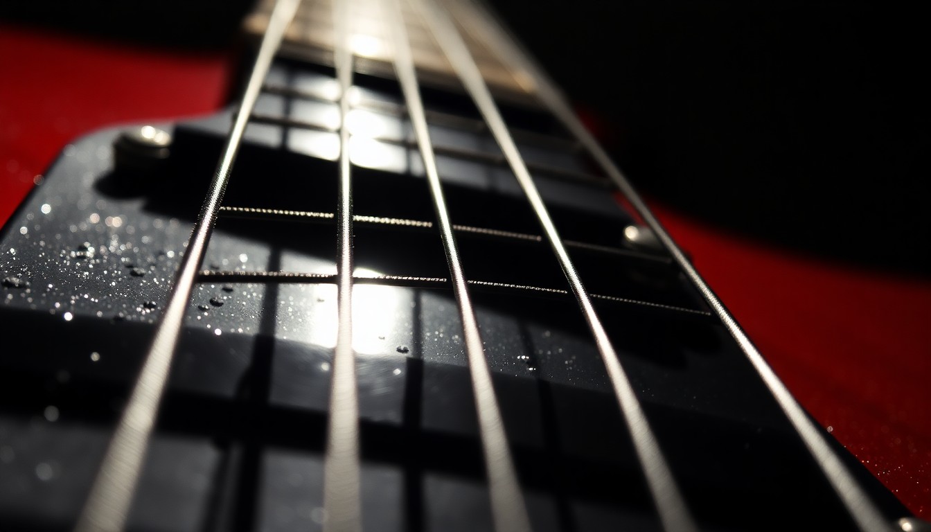 An extreme close-up photograph of the textured, gritty strings of an electric guitar, reflecting dramatic studio lighting to create a high-contrast, glamorous aesthetic that symbolizes the creative passion and resilience of a musician facing a neurological disorder.