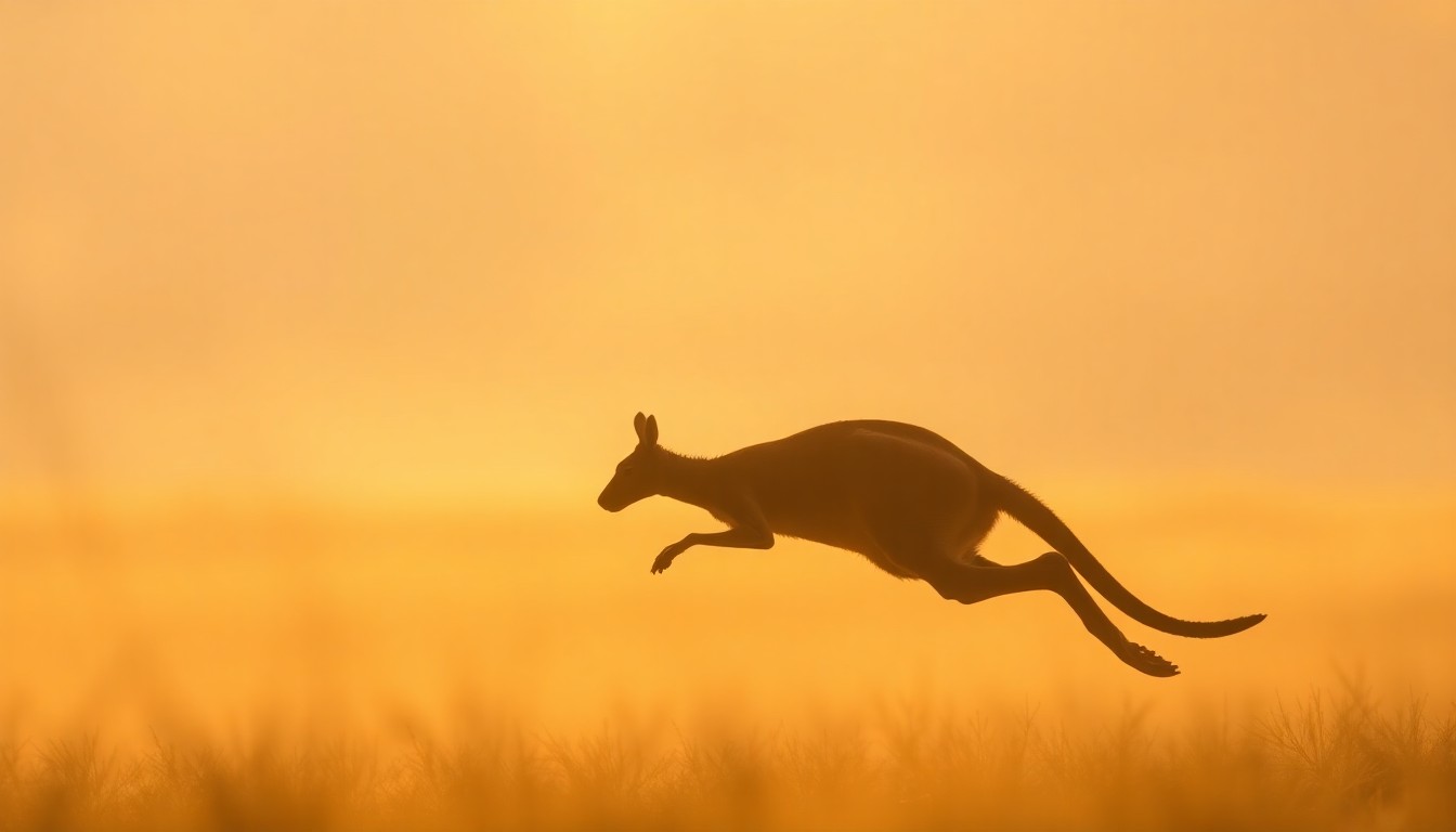 An abstract, impressionistic photograph in soft, warm tones depicting the silhouette of a leaping kangaroo against a blurred, dreamlike background, conveying the sense of adventure and community spirit surrounding Chesney's great escape.