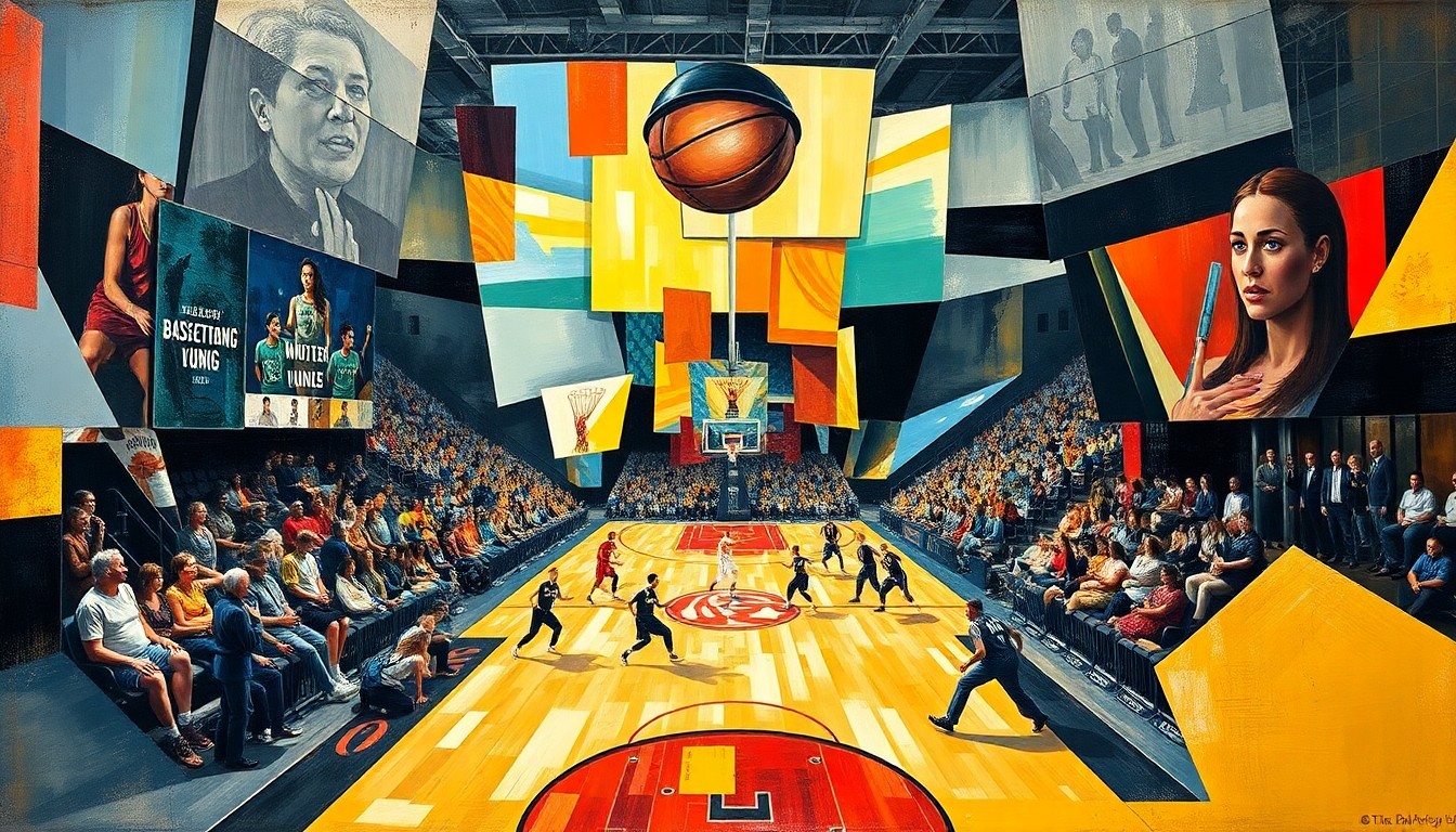 A cubist-style painting depicting a WNBA basketball game in a fractured, geometric style, with overlapping planes of color and form representing the dynamic action on the court.