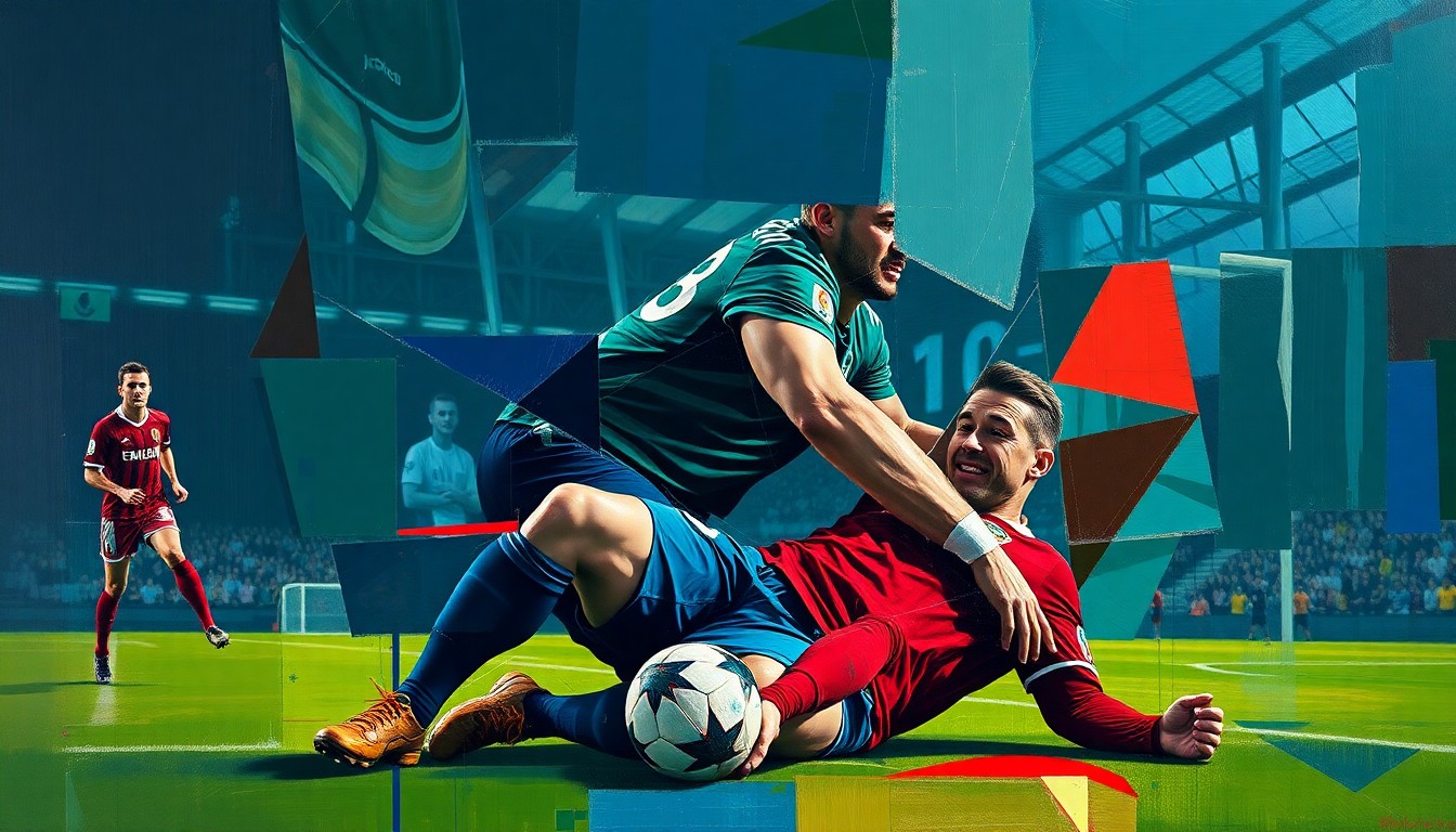 A cubist, geometric painting depicting a soccer player on the ground in pain, surrounded by teammates and medical staff, with the scene broken down into sharp, overlapping planes of color.