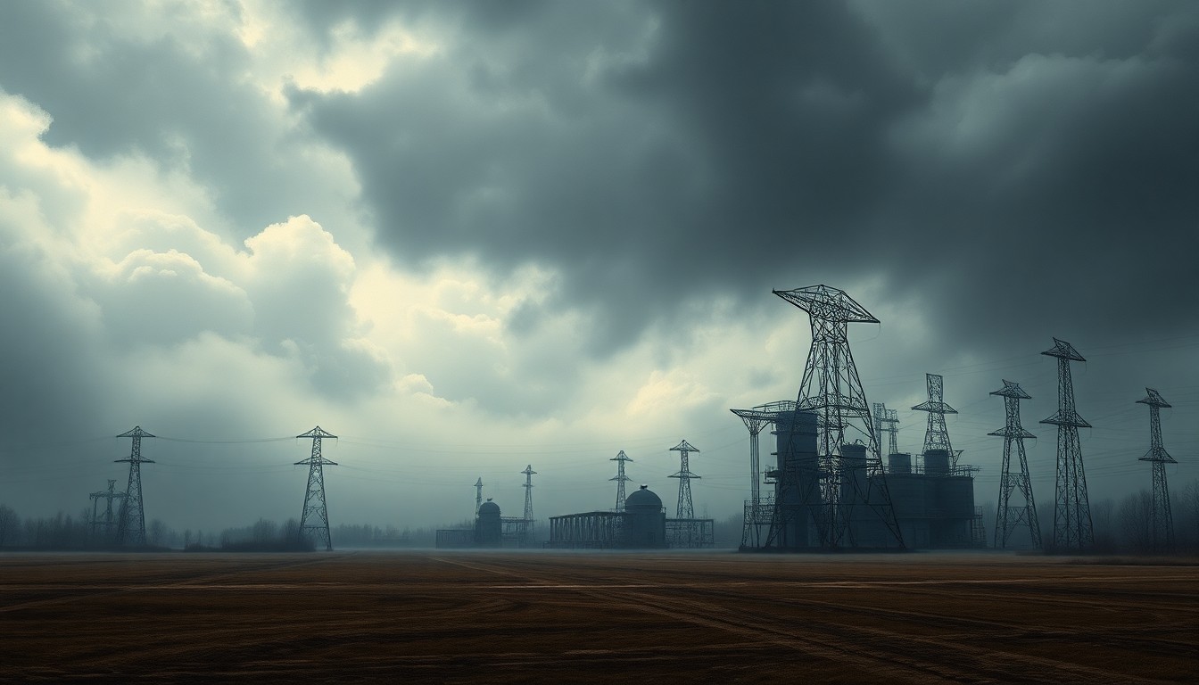 A vast, atmospheric landscape painting depicting a lone power substation dwarfed by an ominous, fog-shrouded sky, conveying the fragility of Gering's electrical infrastructure in the face of nature's power.