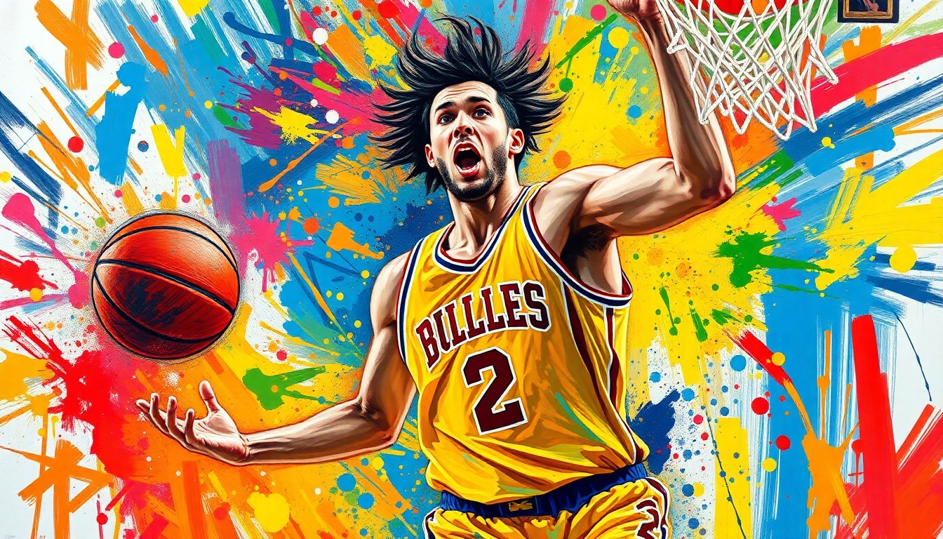 An abstract, expressionist painting in neon colors depicting the dynamic movements and energy of a basketball player driving to the hoop, with the player's face and jersey dissolving into vibrant, unrecognizable brushstrokes.