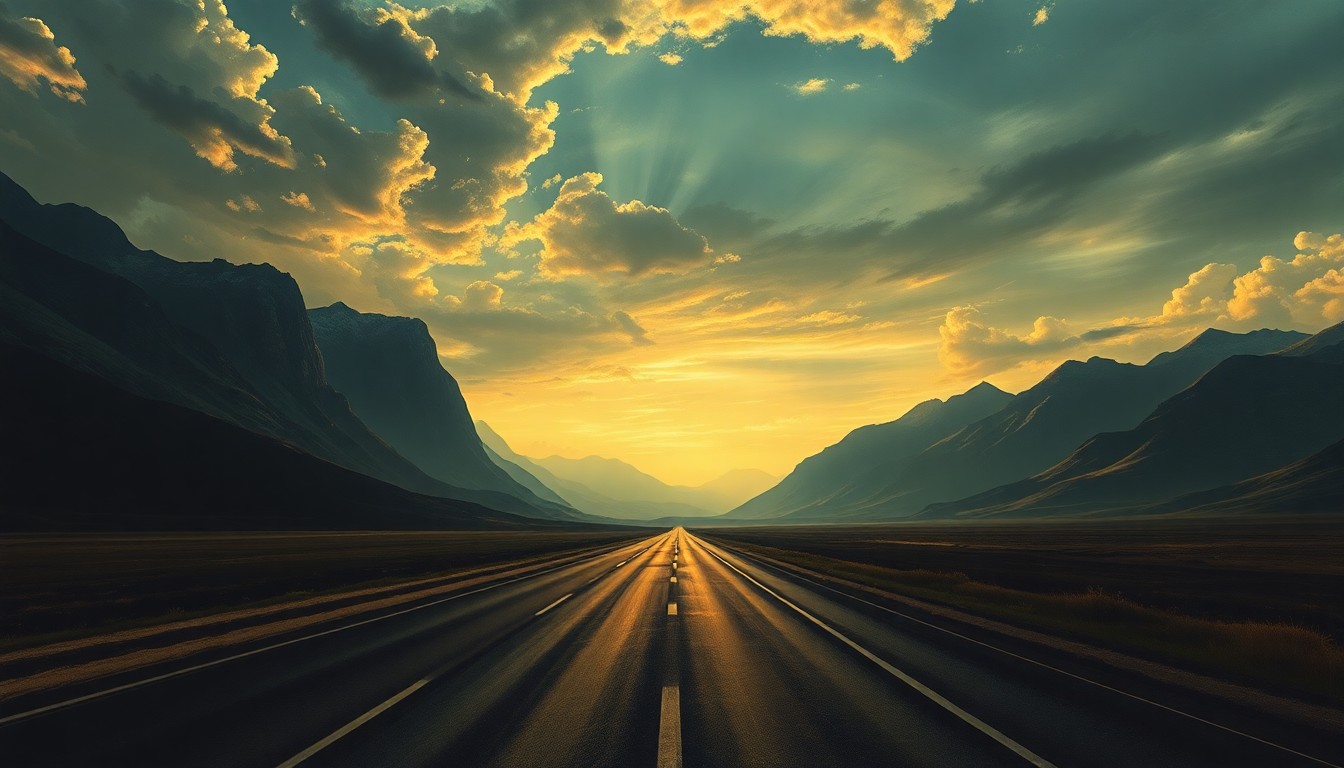 A vast, atmospheric landscape painting depicting a lonely highway stretching into the distance, with a single vehicle barely visible, dwarfed by the overwhelming scale of the natural world.