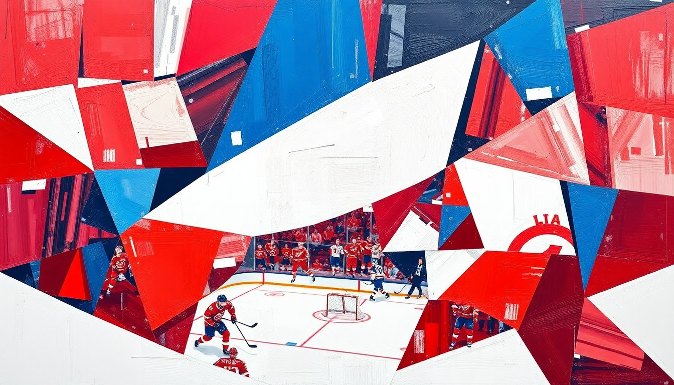 A cubist, geometric painting featuring overlapping planes of red, white, and blue, capturing the fractured, multi-perspective energy of a Red Wings hockey game.