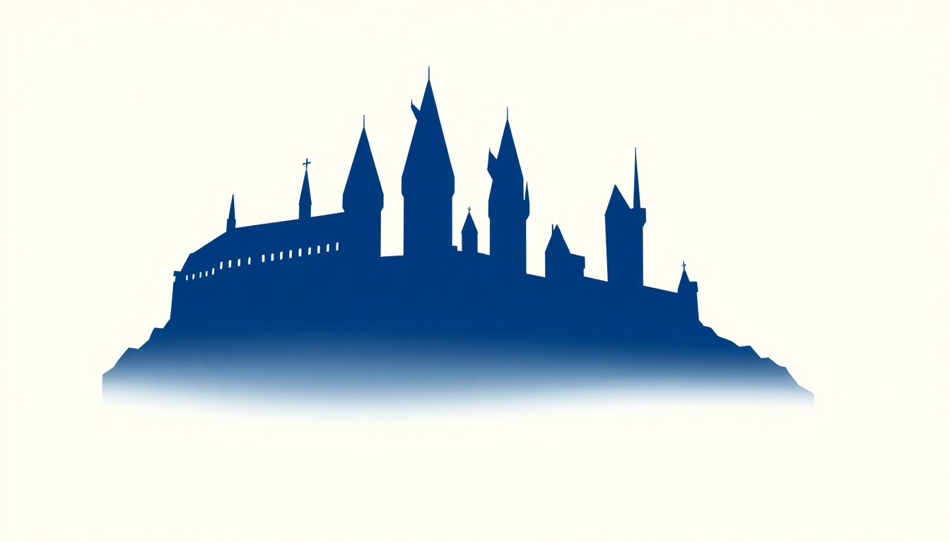 An abstract, minimalist illustration featuring a striking black silhouette of Hogwarts Castle against a bright white background, conveying the iconic landmark's enduring significance.