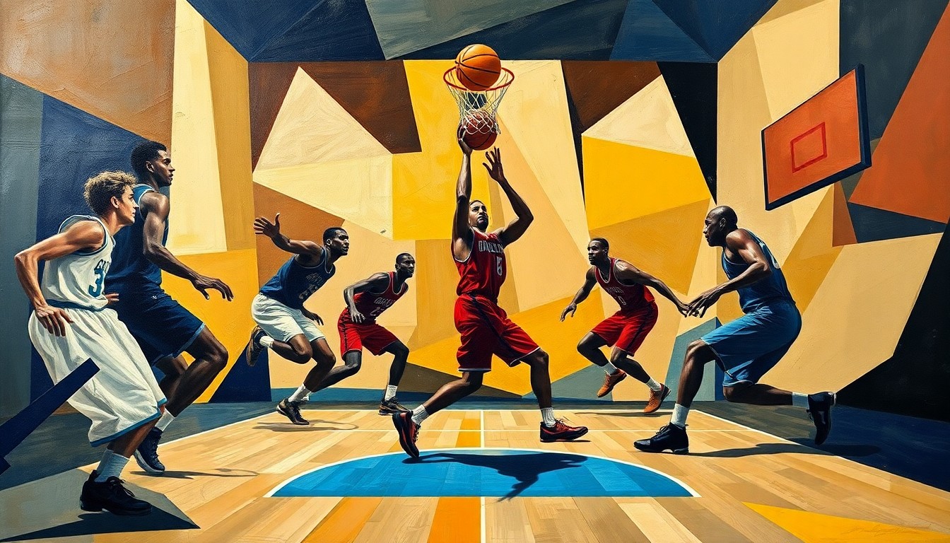 A cubist, geometric painting depicting a basketball game, with the players' forms abstracted into angular shapes and the ball and court lines creating a dynamic, kinetic composition.